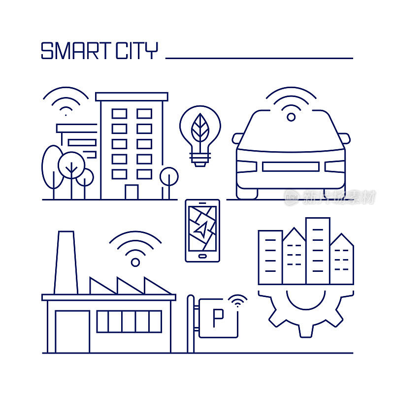 智慧城市相关设计元素。使用大纲图标的模式设计。