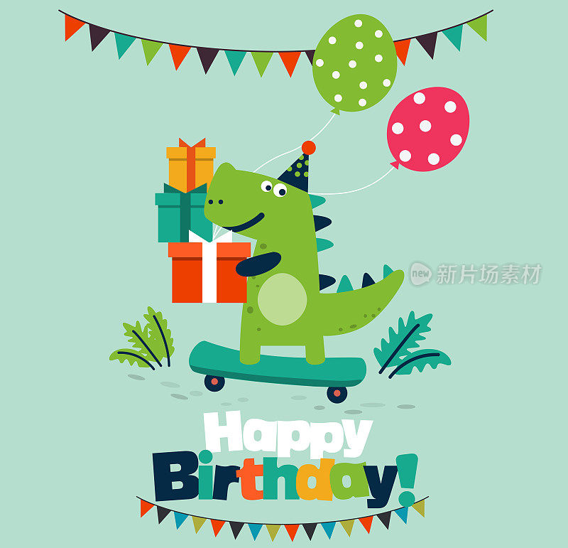 生日快乐-可爱的矢量卡与有趣的恐龙骑在踢踏车。可爱的霸王龙