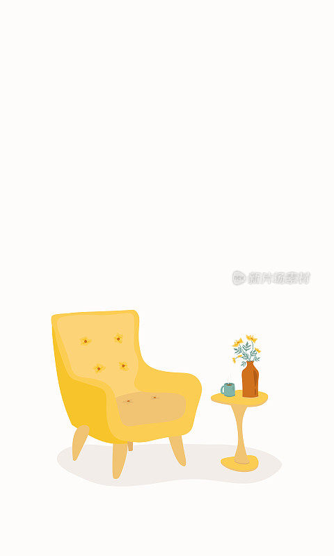 室内设计与现代复古舒适的黄色扶手椅和小桌子花瓶，花，杯子。室内元素，平静的地方在白色的背景。平面矢量插图，家具元素。