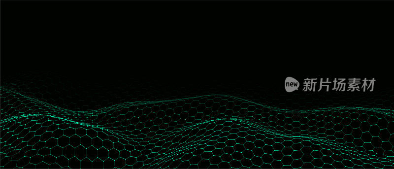 未来矢量六边形波。黑暗的网络空间。有点有线的抽象波。背景上白色的移动粒子。