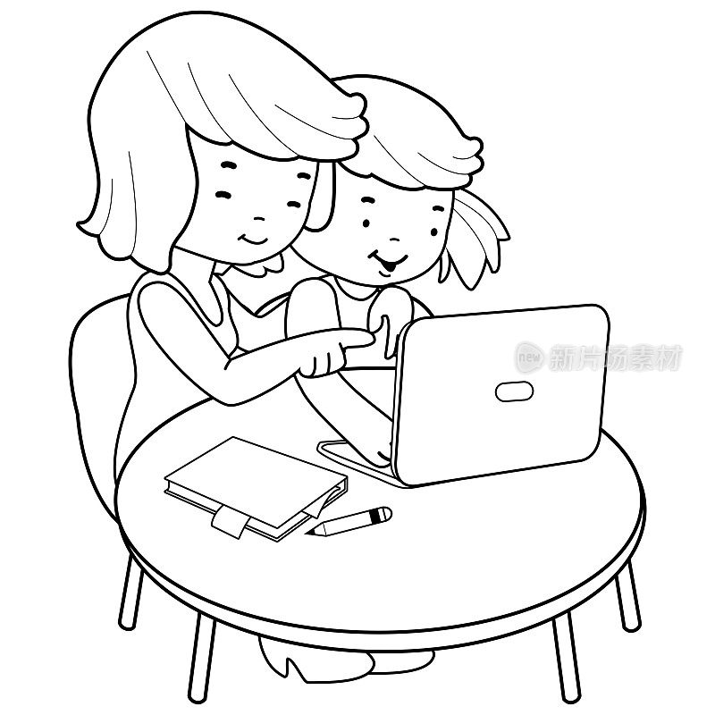 母亲和女儿在使用电脑。向量黑白着色页面