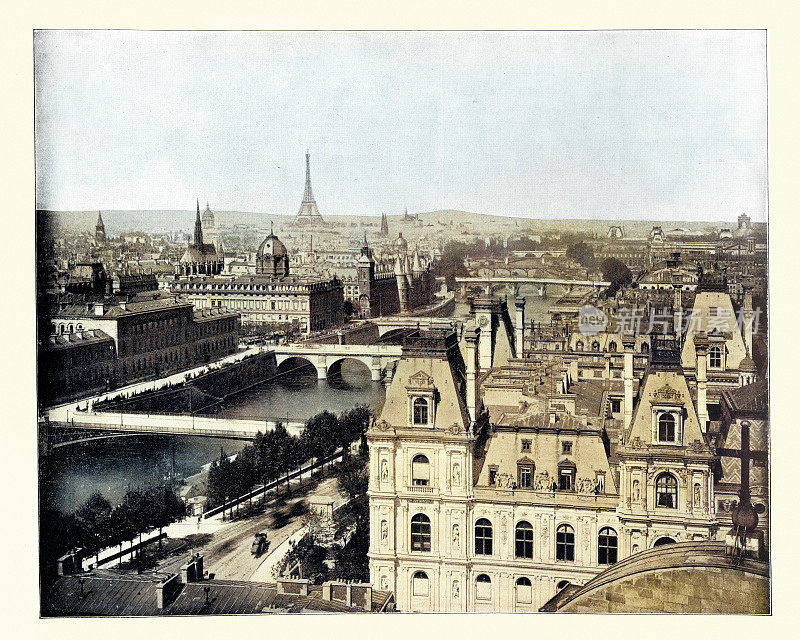 法国巴黎的城市景观，远处的埃菲尔铁塔，19世纪彩色照片