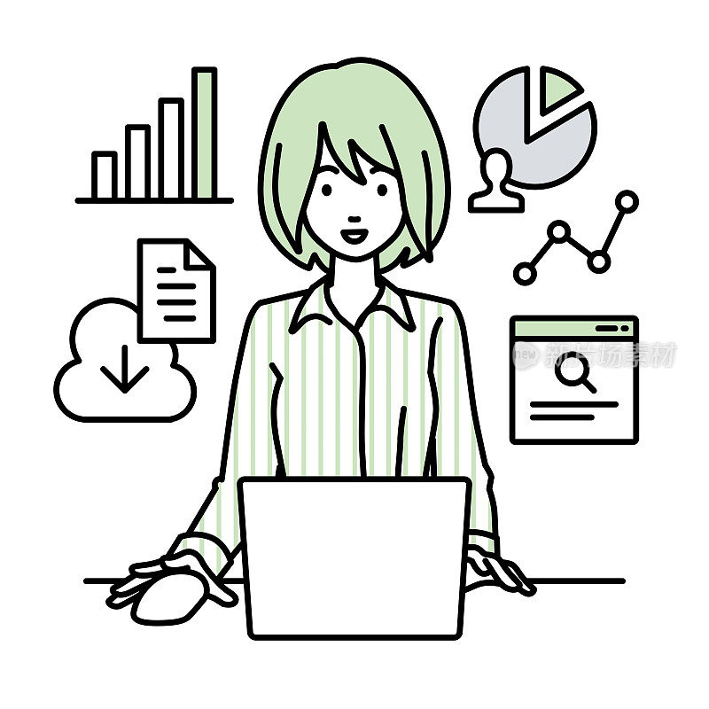 一名穿着衬衫的女士坐在办公桌前，用笔记本电脑浏览网站、搜索资料、在云端共享文件、分析和做报告