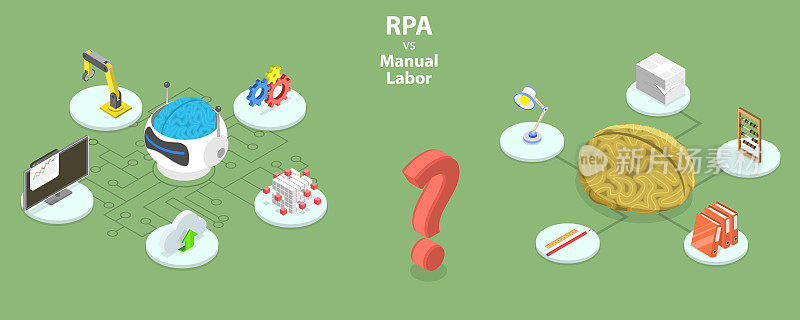 RPA与手工劳动的三维等距平面矢量概念插画