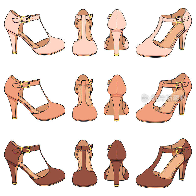 一套彩色插图与女鞋与扣子在脚跟。孤立的矢量对象。