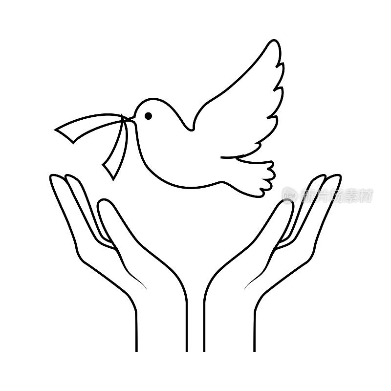 和平与人的手和鸽子作为友谊和和谐的象征轮廓矢量插图