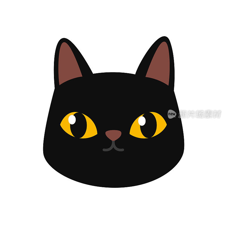 可爱的黑猫，黄眼睛。小猫的头,脸。黑暗的卡通人物。卡哇伊手绘插画。