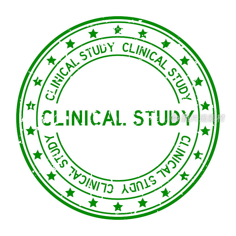 Grunge绿色临床研究字与星图标圆形橡胶印章邮票在白色背景