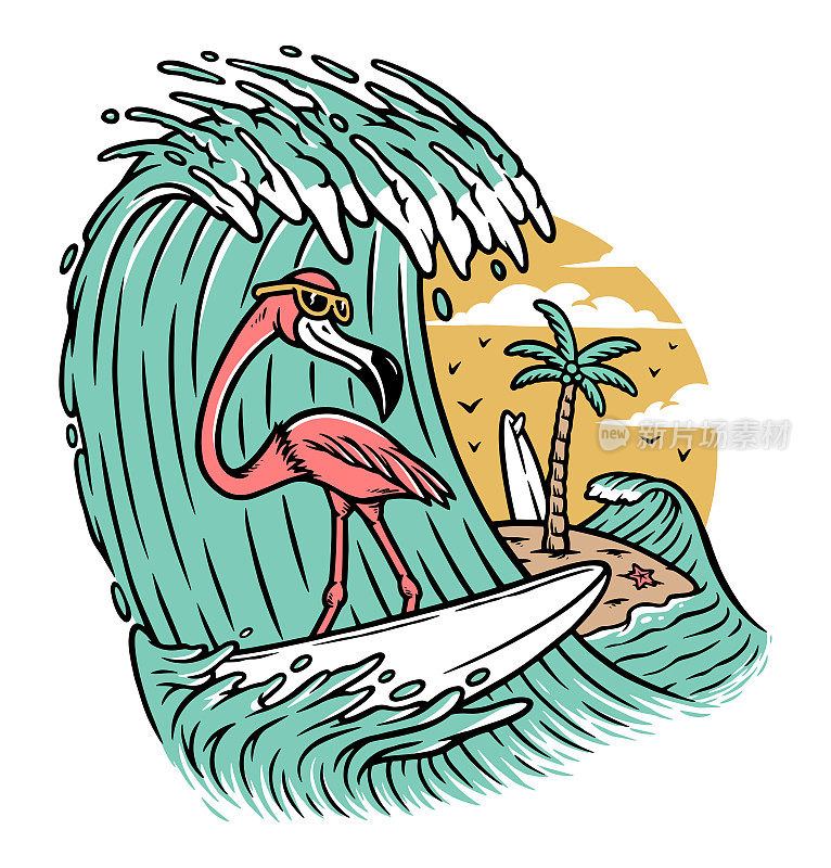 可爱的火烈鸟在海上冲浪插画