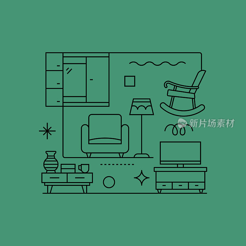家具相关矢量横幅设计概念，现代线条风格与图标