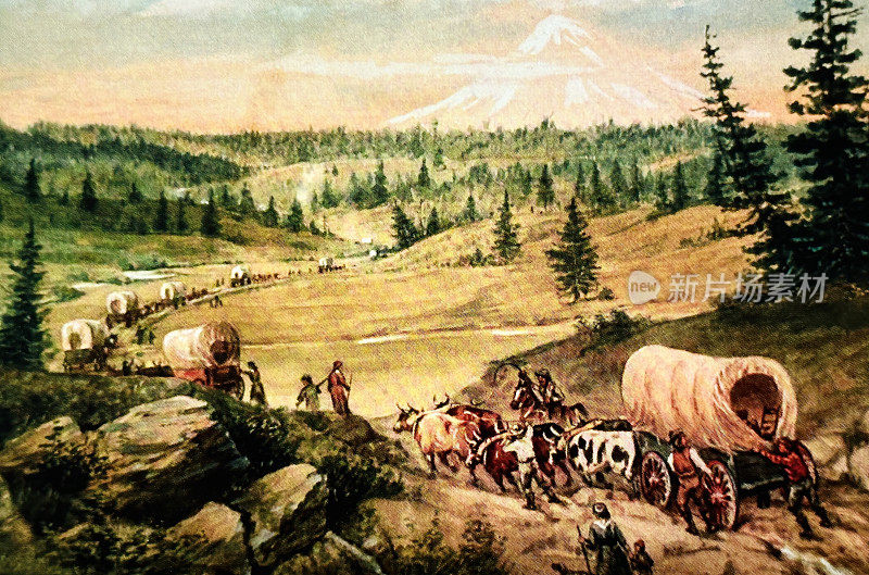 旅行者在俄勒冈小道，胡德山的景色，1865年