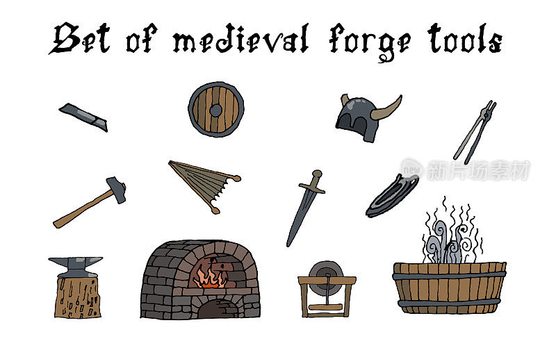 一套白色背景的中世纪锻造工具插图。烤箱，铁砧，锤子，钳子，中世纪，准备使用，eps。为你设计