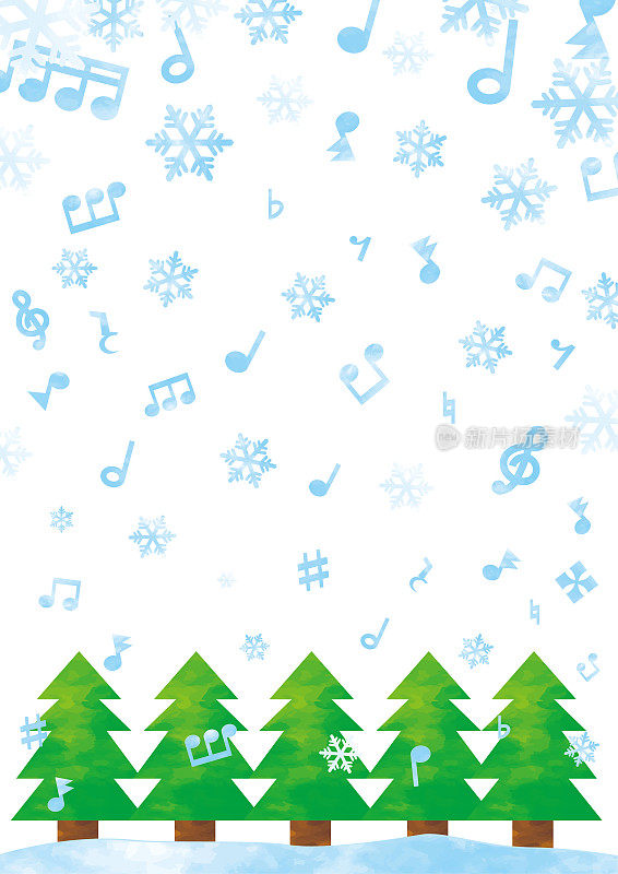 垂直背景雪花，音符，冷杉树