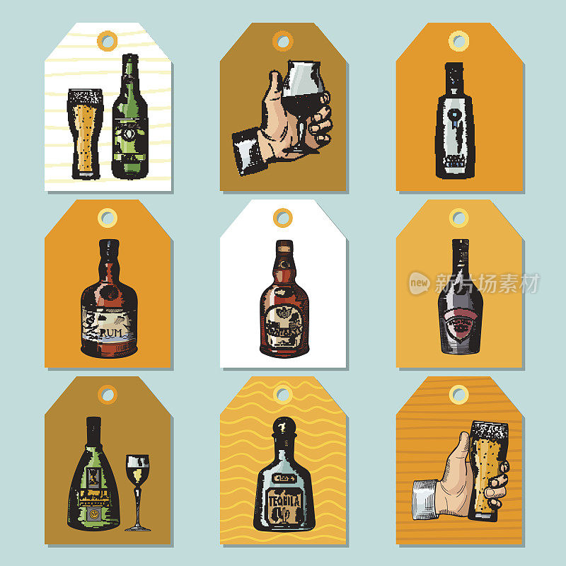 酒精饮料卡。模板徽章的餐厅菜单与各种饮料瓶。矢量图片的饮料徽章模板
