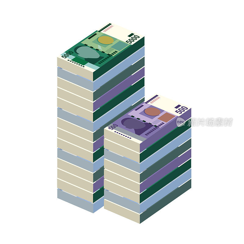 吉尔吉斯som矢量插图。吉尔吉斯斯坦货币套装捆钞。纸币500、1000、2000、5000索姆。平的风格。孤立的白色背景。简约的设计。
