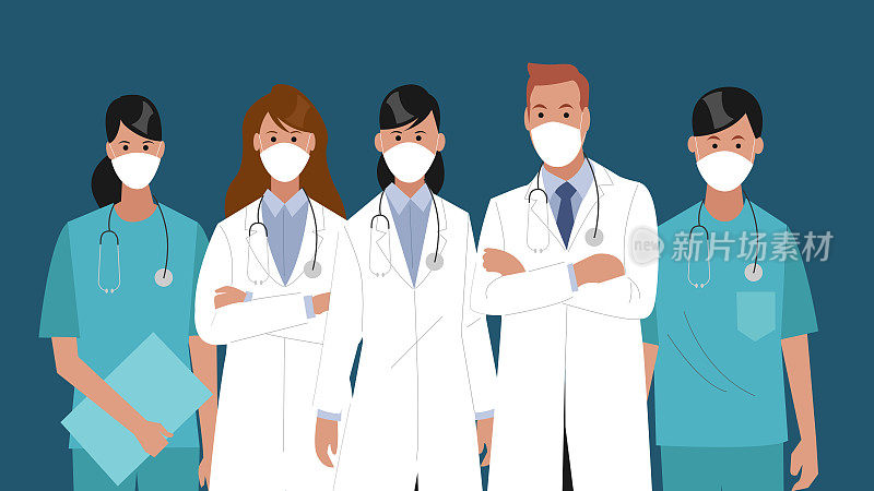 医护人员戴着防护口罩。医疗队概念矢量平面卡通插图