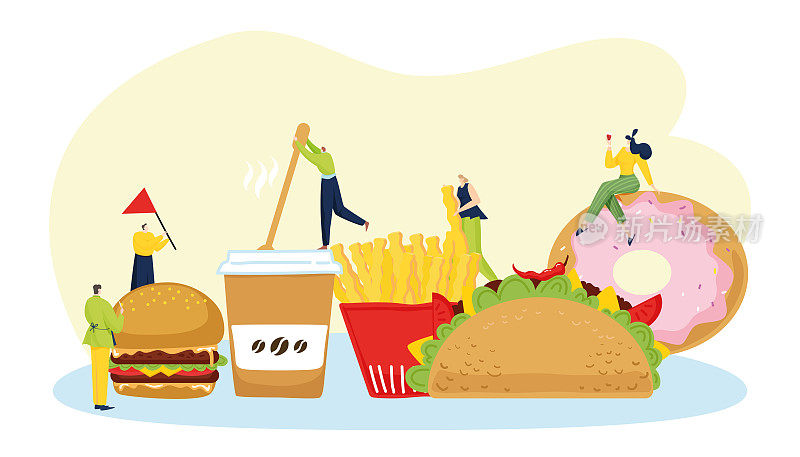 快餐，小人人物一起吃垃圾食品汉堡，炸薯条，甜甜圈和玉米饼平面矢量插图，孤立的白色。