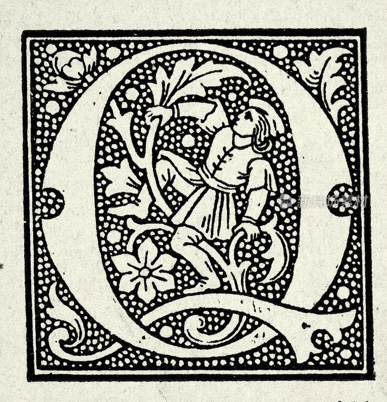 复古插图华丽的中世纪风格大写字母Q，男人纠缠
