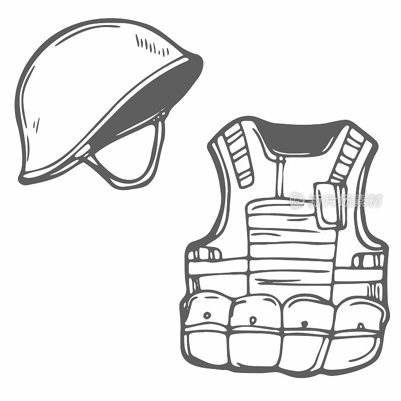 涂鸦防弹衣和军队头盔图标素描矢量隔离在白色。军事要素和装备