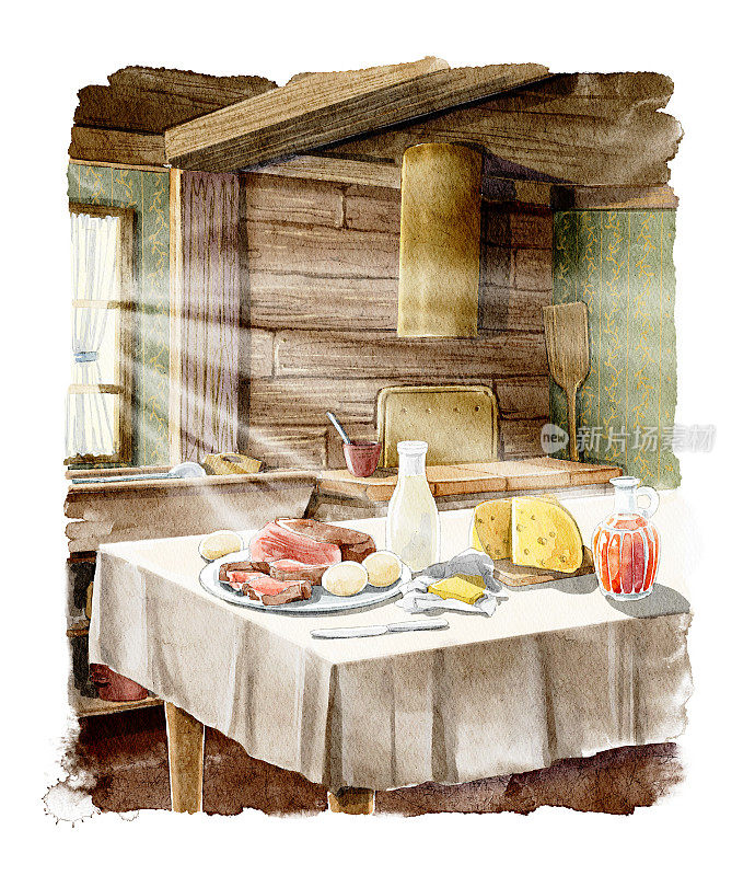 水彩复古静物与食物和饮料在桌子上的乡村木屋