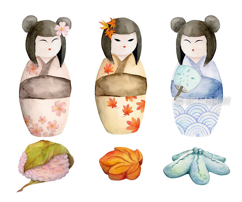 水彩手绘的日本传统糖果。季节性和牛肉与kokeshi娃娃。孤立在白色背景上。设计邀请函，餐厅菜单，贺卡，印刷，纺织