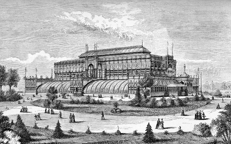 费城1876年世界博览会，百年国际展览，美国第一次世界博览会，费城费尔芒特公园历史博览会的花园展馆的复古印刷品