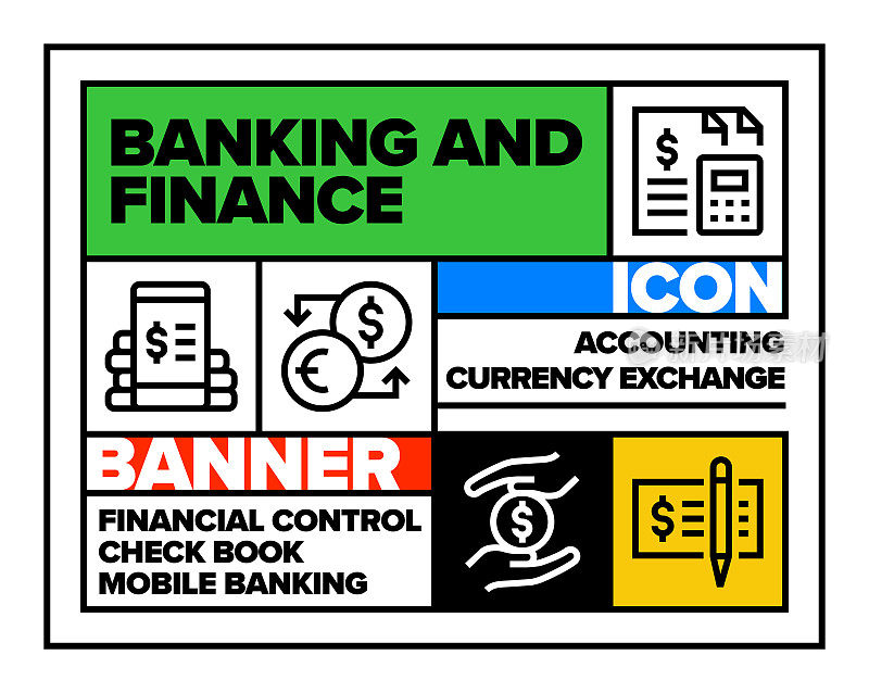 银行和金融线图标集和横幅设计