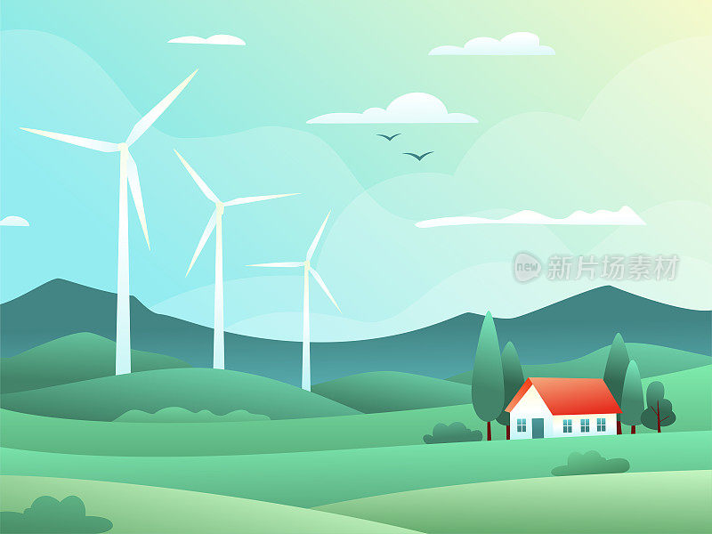 乡村春天的景观，田野，山丘，风力发电机和房子被柏树包围。乡村的矢量插图。绿色能源概念。来自可再生能源的清洁电力