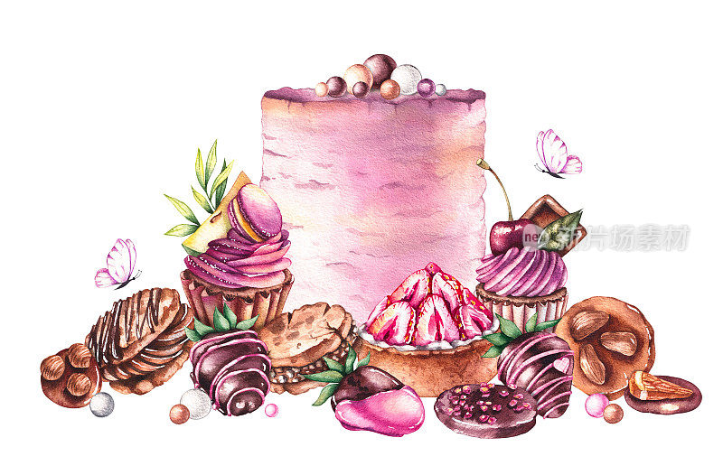 水彩甜点、蛋糕、纸杯蛋糕、巧克力草莓、巧克力块、糖果和球