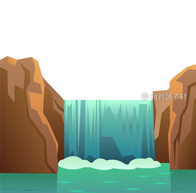 岩石中的瀑布。景观与岩石和河流之间的石头。水在流动。孤立在白色背景上。溅起了水花。卡通趣味风格。平面设计。向量。