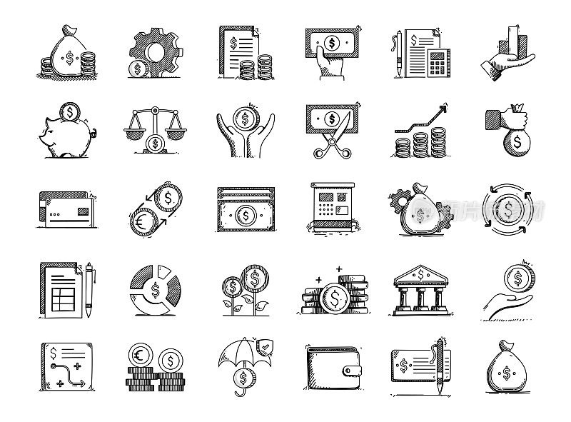 金融和货币手绘矢量涂鸦线图标集