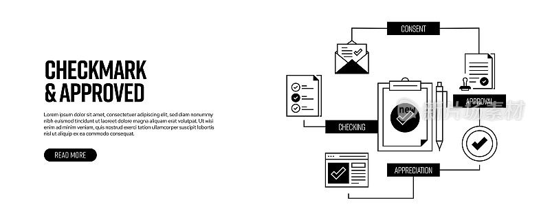 复选标记和批准相关的矢量横幅设计概念，现代线条风格与图标