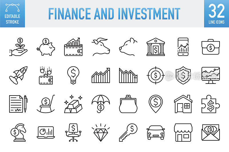 金融和投资图标集合-细线矢量图标集。像素完美。可编辑的中风。移动和Web。该集包含图标:金融，储蓄，银行，银行，资本，财务控制，资金管理，投资