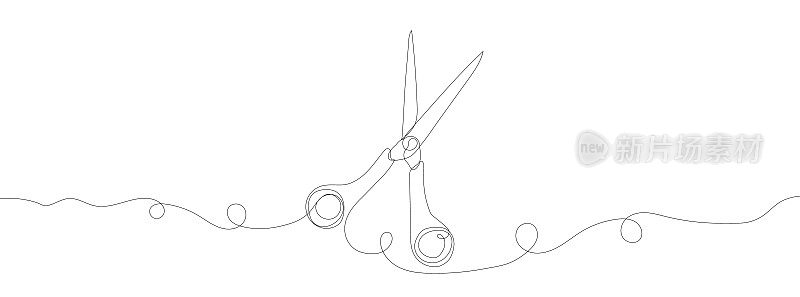 剪刀的连续直线拉伸。剪刀单线画。