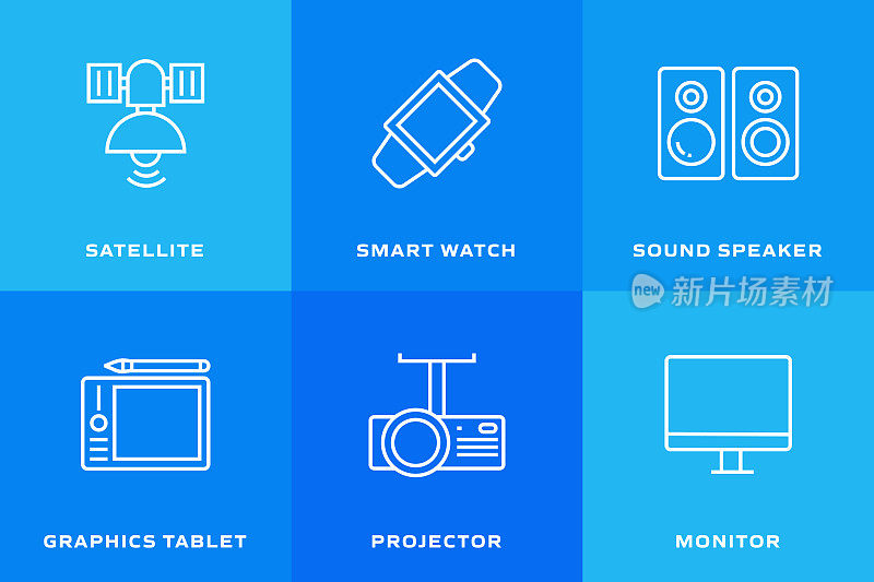 电子设备相关的矢量细线图标。轮廓符号集合
