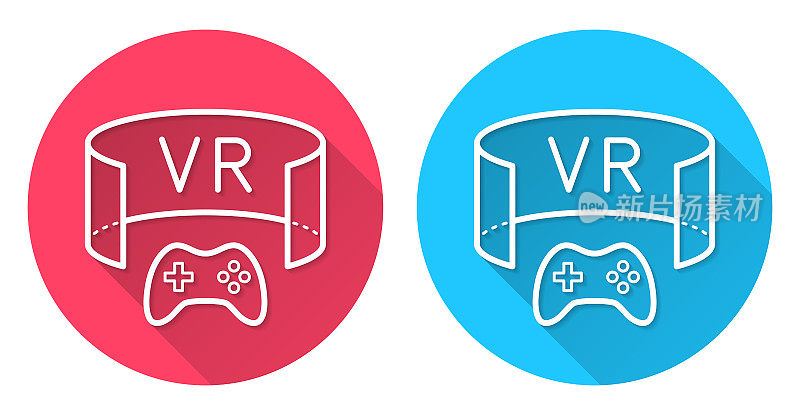 VR游戏――虚拟现实游戏。圆形图标与长阴影在红色或蓝色的背景