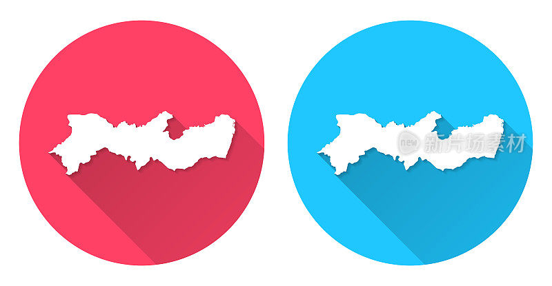 伯南布哥地图。圆形图标与长阴影在红色或蓝色的背景