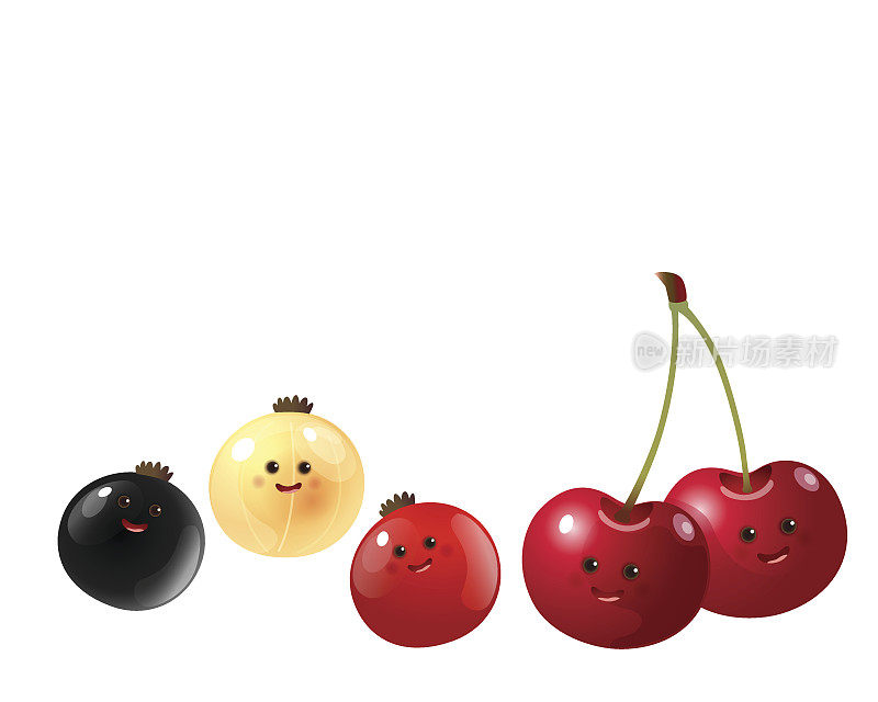 可爱的水果-樱桃，红加仑子，白加仑子，黑加仑子
