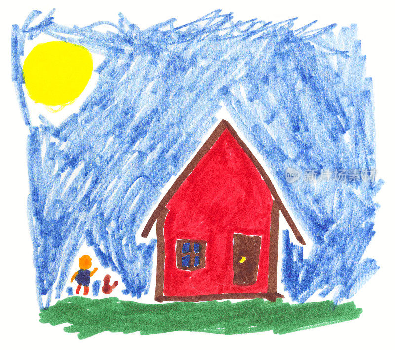 儿童蜡笔画红房子和简笔人物画