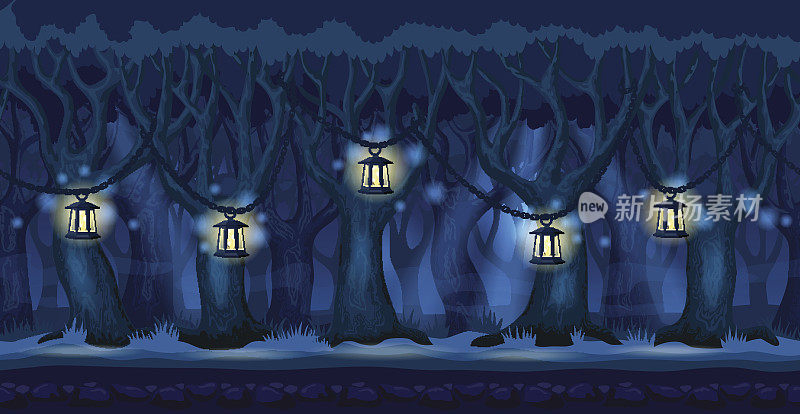 卡通森林在黑暗的夜晚背景