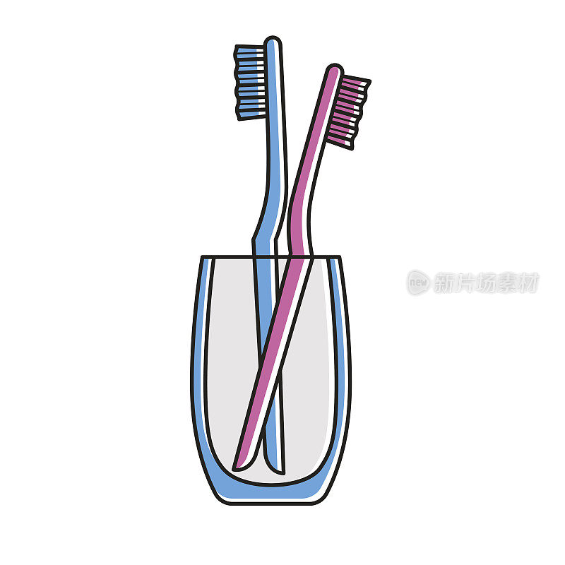 杯子里放着几支牙刷:粉色的女士牙刷和蓝色的男士牙刷。可爱的象征。