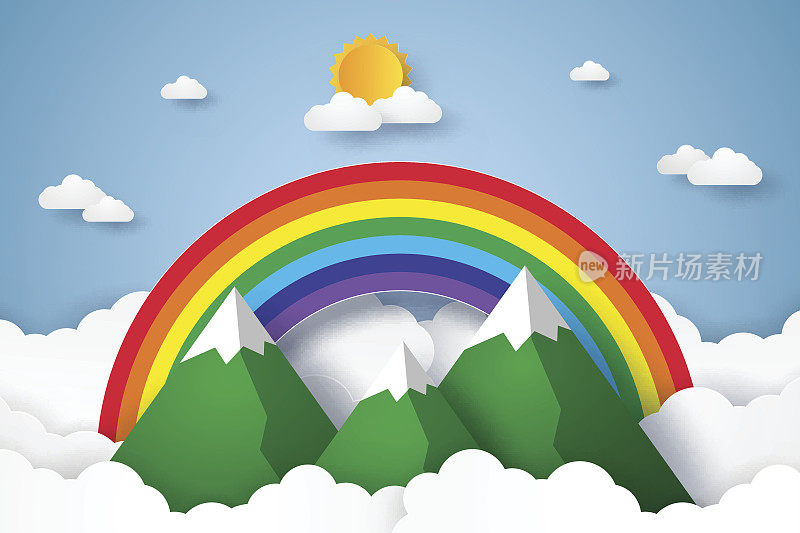 彩虹和山在蓝天和云