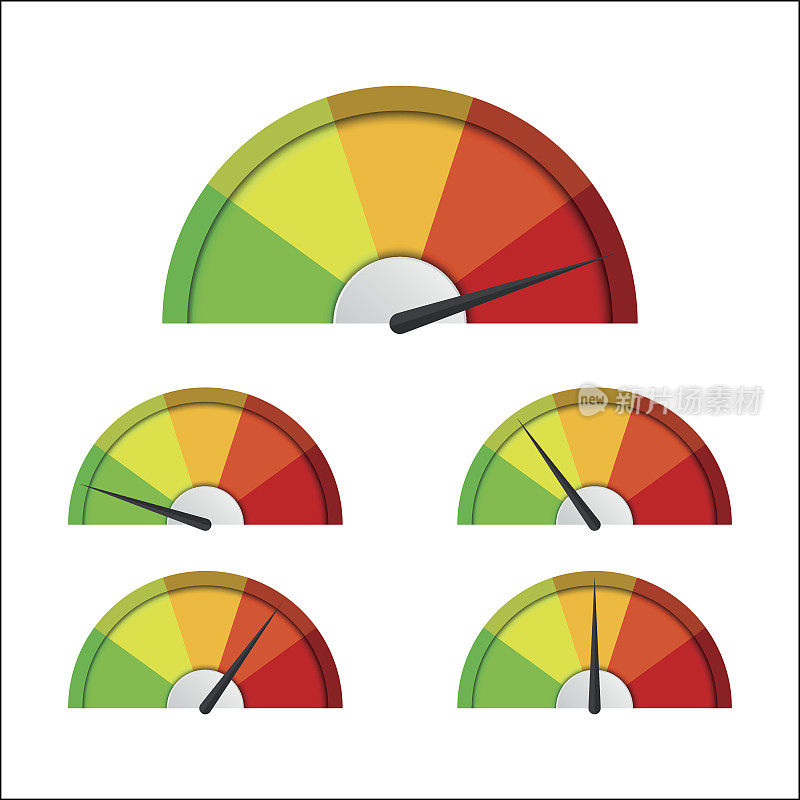 一套简单的矢量转速表，红色，黄色和绿色部分的指示器，速度表图标
