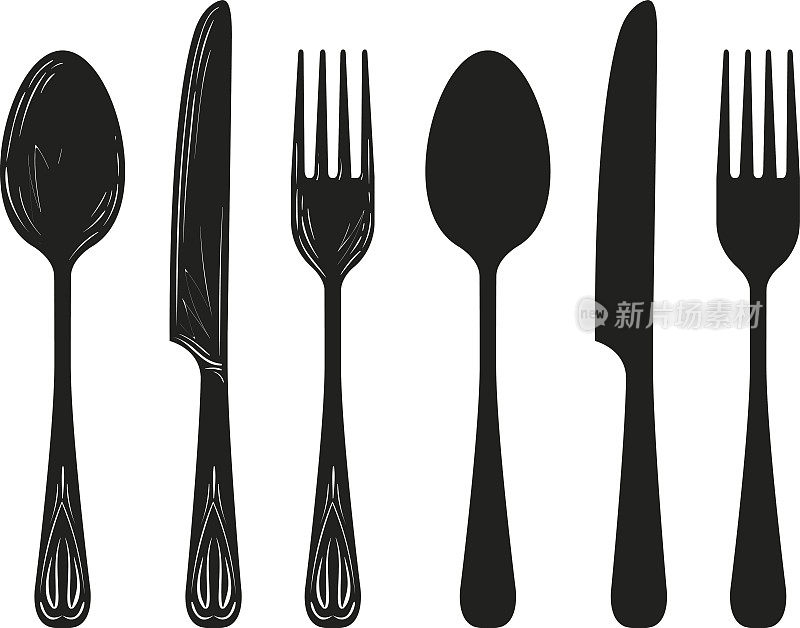 餐具如匙、刀、叉剪影。厨房、烹饪、烹饪的图标或象征。素描矢量图