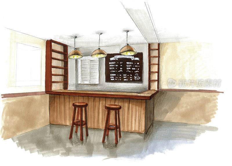 水彩素描的一个咖啡色吧台在一个咖啡馆