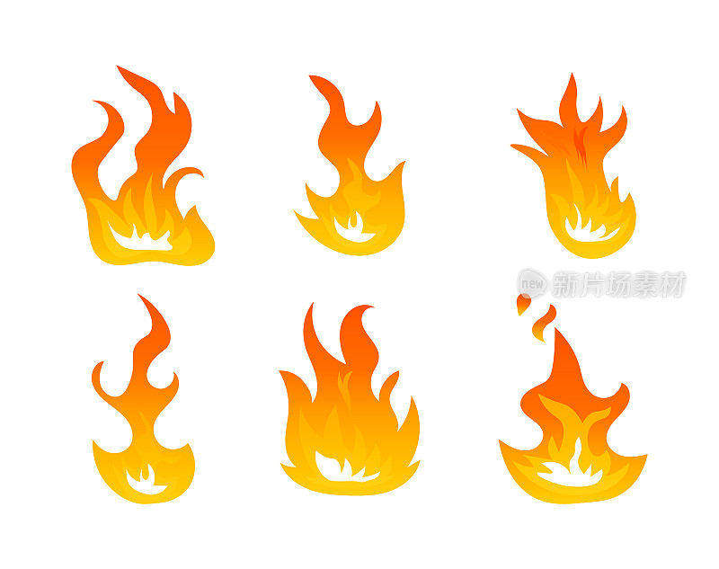 卡通火焰火焰矢量集。点燃灯光效果，燃烧的符号。炽热的火焰能量，在白色背景上效果火焰动画插图