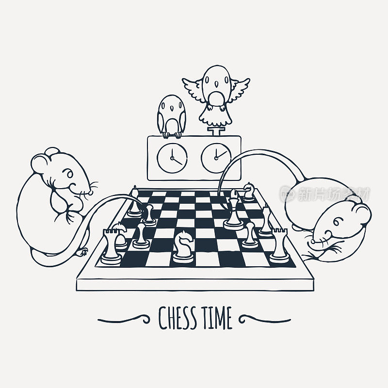 两只可爱的老鼠在下象棋，鹦鹉一边看一边变换时间。