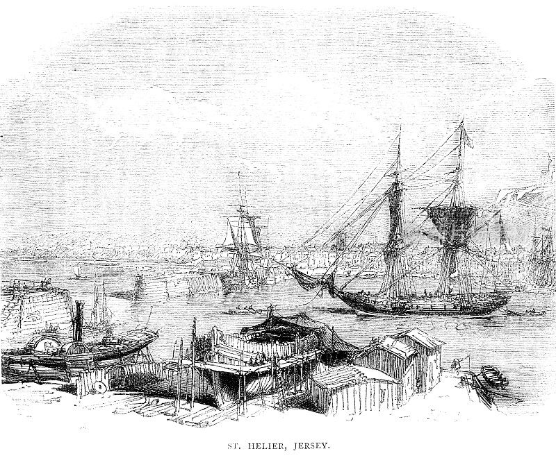 泽西岛的圣赫里尔港的维多利亚式景色;19世纪的航运和港口