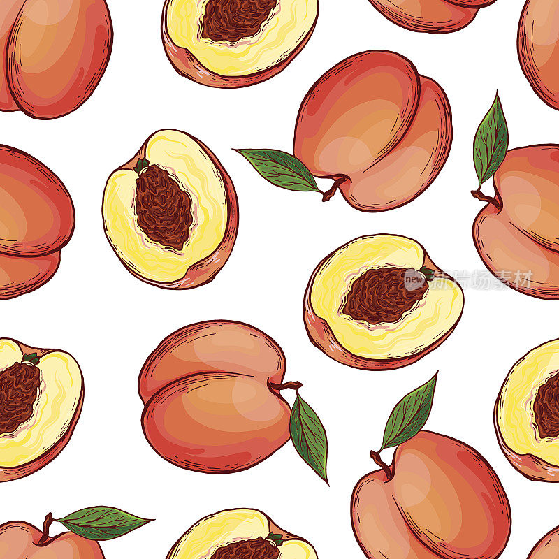 漂亮的彩色无缝图案手绘甜蜜的桃子。