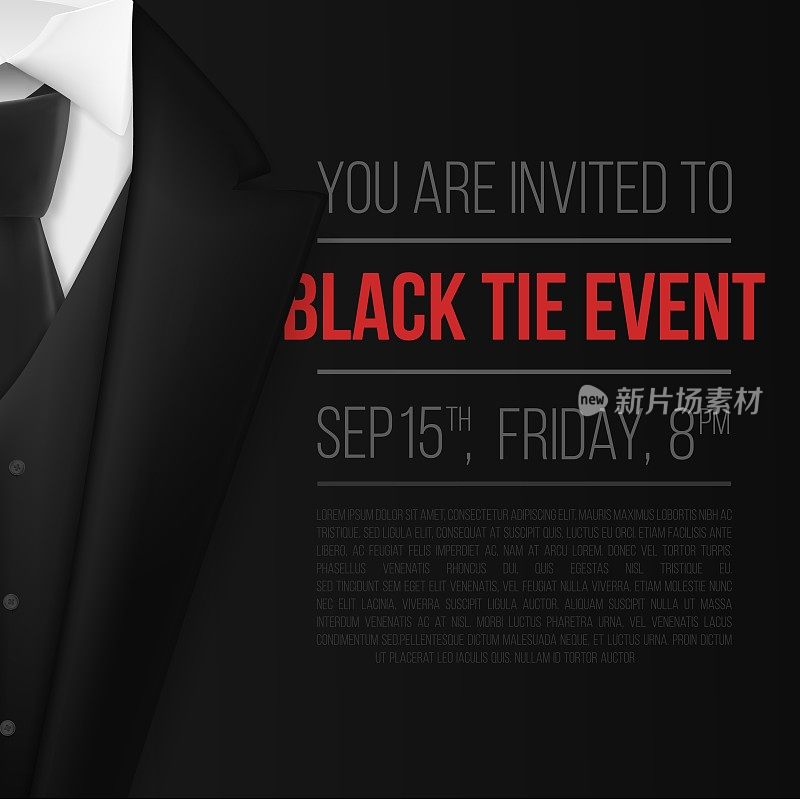 向量黑色西装。黑领结活动邀请模板。现实向量3D男人西装与领带